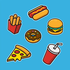 Cute Fast Food Stickers Pack Cartoon Vector Illustration