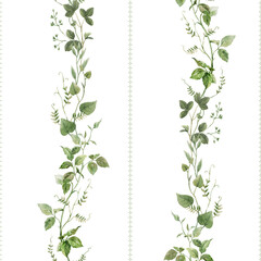 Seamless Watercolor Greenery Vertical Pattern, Hand-Painted Botanical Vines and Leaves Design for Fabric, Wallpaper, Wedding Decor, and Natural Backgrounds