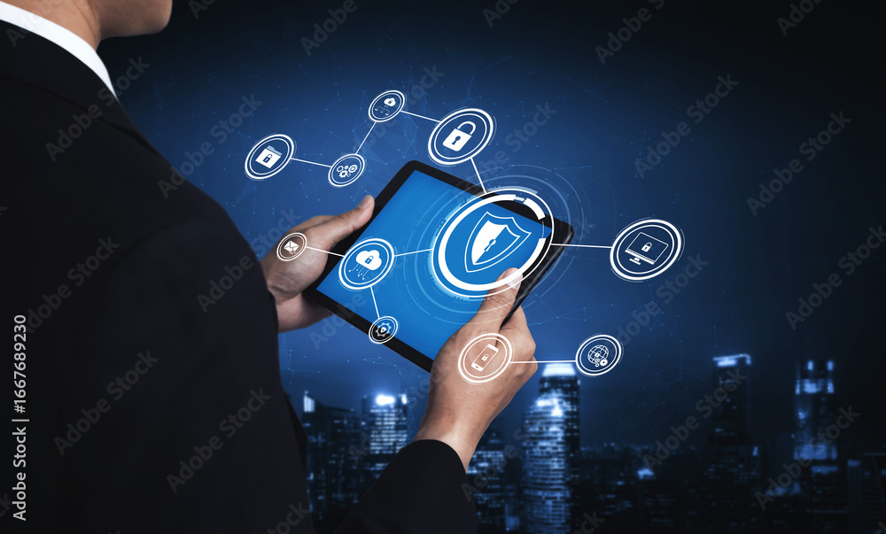 Poster cyber security protects against breaches, hacks, and network attacks using strong infrastructure and