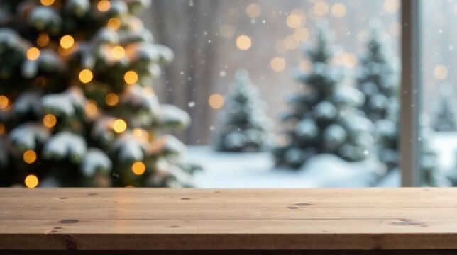 A Rustic Wooden Tabletop with a Festive Winter Wonderland View Through a Window, Perfect for Displaying Holiday Products and Gifts