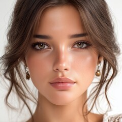 Obraz premium Elegant portrait of a beautiful woman with radiant skin and captivating eyes, perfect for beauty campaigns