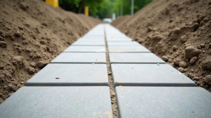 A newly laid pathway of gray paving stones nestled between mounds of freshly turned earth, showcasing the meticulous detail of groundwork and the promise of a completed project.