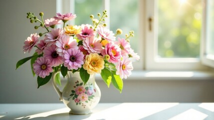 Sunlit Bouquet of Delicate Pink and Yellow Flowers in a Vintage-Style Pitcher on a Windowsill