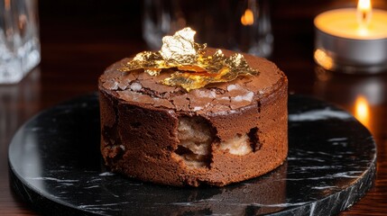Gold leaf garnish topping premium chocolate dessert on sleek black marble plate with sophisticated restaurant ambiance