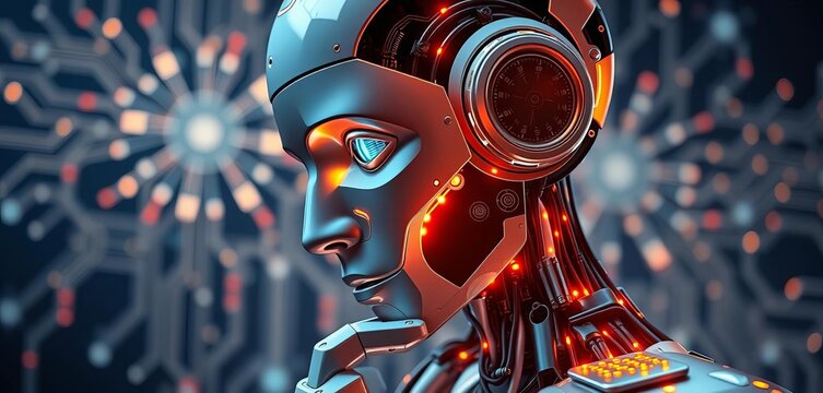Thoughtful AI robot contemplating a complex problem, circuits glowing subtly,  AGI,  intelligence