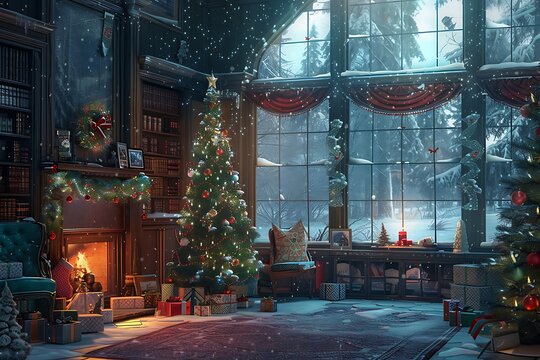 Experience a cozy Christmas in a grand library with a crackling fireplace and snowy winter wonderland view - Powered by Adobe
