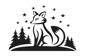 Fox Sitting in Snow Under Starry Sky Art on White Background