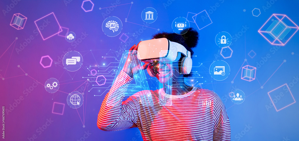 Poster a woman experiencing virtual reality, showcasing a generative ai personal assistant with multi-funct