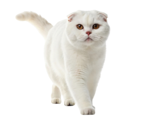 Charming Scottish Fold cat walks gracefully, showcasing its unique folded ears and striking appearance. This delightful feline captures hearts