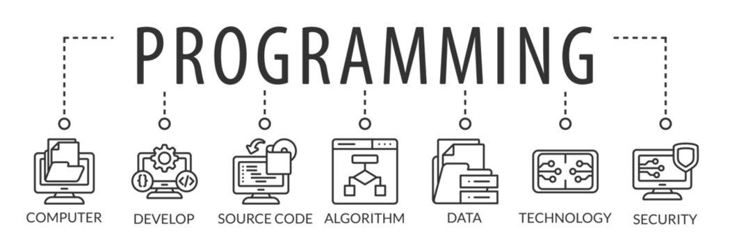 programming and coding background vector illustration with icons and keywords