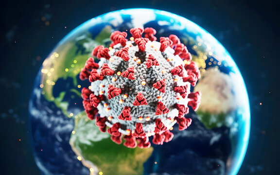Coronavirus particle over Earth globe 3D rendering illustration