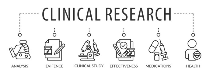 Banner clinical research concept Science, chemistry, technology vector illustration with icons and keywords