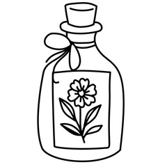 Hand drawn potion bottle illustration with floral label and tied ribbon cottagecore apothecary doodle perfect for spell jars herbal recipes journaling scrapbooking stickers and witchy crafts