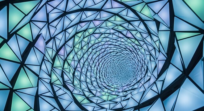 Abstract geometric spiral tunnel with glowing blue and green light patterns creating a sense of depth