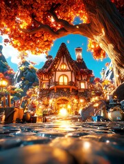 Fototapeta premium Enchanting Autumnal Cottage in a Fantasy Village.
