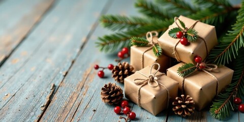 Rustic Winter Presents Wrapped in Kraft Paper with Evergreen and Pinecones on Weathered Wood