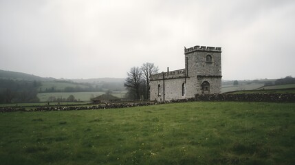 Old stone church with tower standing in misty countryside landscape, surrounded by green field and distant hills, evoking historical architecture, solitude, and timeless rural atmosphere