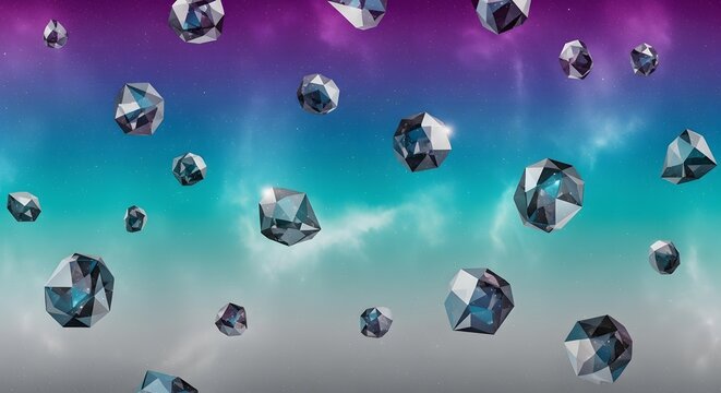 Abstract colorful sky with floating crystalline geometric shapes and light effects - Powered by Adobe