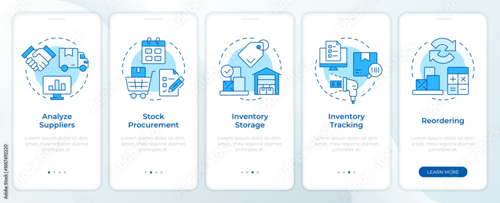 Poster steps of inventory management process blue onboarding mobile app screen. walkthrough 5 steps editabl