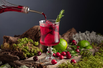 Refreshing cranberry hard seltzer with lime, rosemary, and ice.