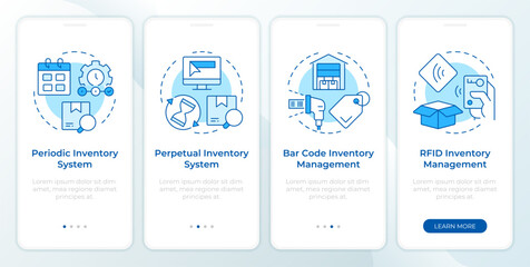 Inventory management systems blue onboarding mobile app screen. Supplies. Walkthrough 4 steps editable graphic instructions with linear concepts. UI, UX, GUI. Montserrat SemiBold, Regular fonts used