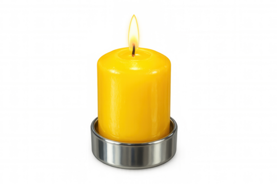 Burning yellow candle on metallic stand, glowing softly against transparent backdrop, radiating cozy illumination