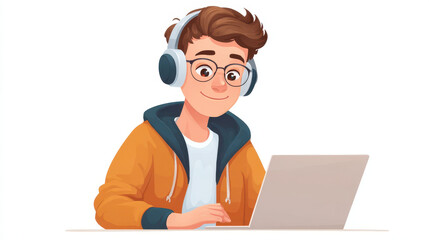 Cheerful young man wearing glasses and headphones is working on laptop, dressed in casual orange hoodie and white t shirt, exuding focused and happy vibe