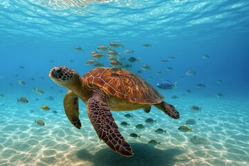 群れ泳ぐ小魚と海亀 実写風イラスト