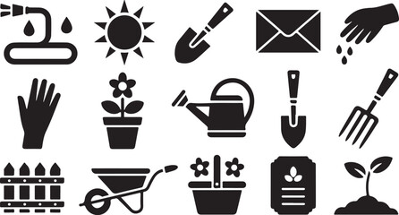 Garden vector icon, seed in soil, flower pot, growth set, black silhouette isolated on white background. Agriculture illustration
