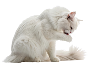 Beautiful siberian cat grooming itself, showcasing its long fluffy fur and elegant posture. This serene moment captures essence of feline grace