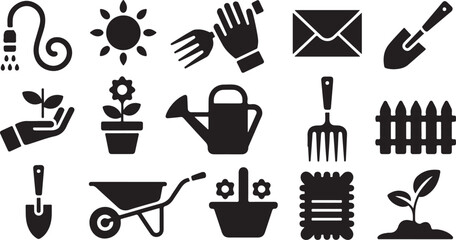 Garden vector icon, seed in soil, flower pot, growth set, black silhouette isolated on white background. Agriculture illustration