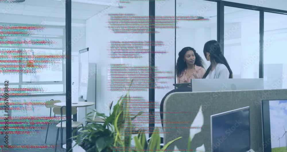 Poster transparent code overlay pulsing while team reviewing tablet layout for it collaboration