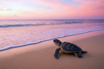 夕暮れの浜辺を歩く海亀 実写風イラスト