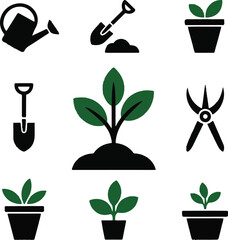 Gardening icons set. Planting, care, vegetable garden. Monochrome black and white icon © Masud