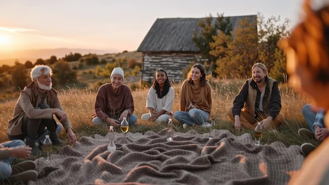 A group of people sitting in a circle during sunset, engaged in a reflective gathering outdoors.