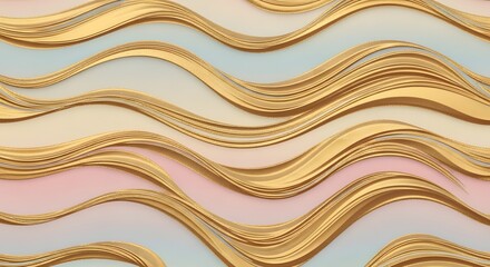 Abstract wavy lines of shimmering gold and soft pastel colors create a luxurious and elegant background pattern