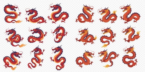 Collection of eighteen stylized red Chinese dragons, varying poses and perspectives.