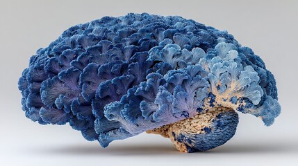 Blue brain model on a white background showing the organ's complex structure.