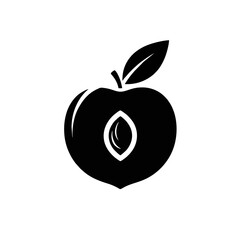 Flat Half Peach Logo With a Small Leaf on Top, Seed Cutout in the Middle, Black Silhouette