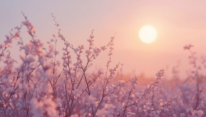 Fototapeta premium Serene Pink Blossom Field at Sunrise: Soft, Dreamy Pastel Spring Landscape