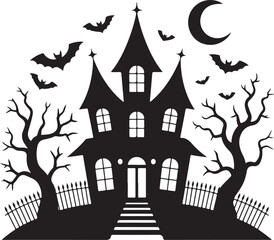 Halloween haunted house silhouette with bats