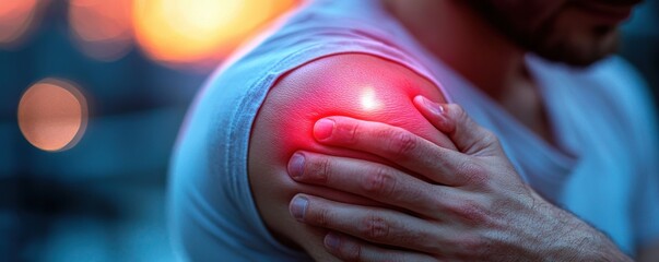 Man experiencing neck and shoulder pain with glowing illustration