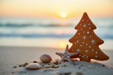 A gingerbread cookie shaped like a Christmas tree stands on the sea shore. Next to it is a starfish and two seashells, with a warm sunset in the background