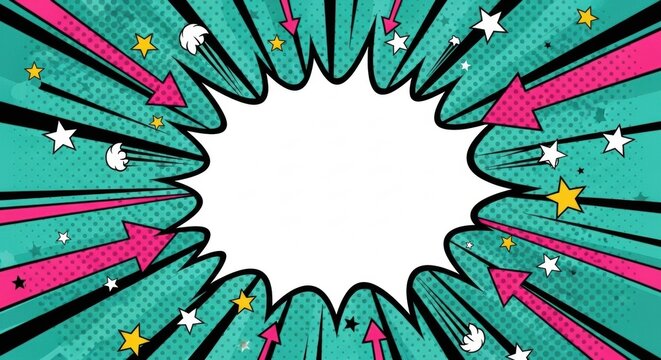 Vibrant Pop Art Comic Burst Background with Central White Speech Bubble, Dynamic Arrows, and Stars. - Powered by Adobe