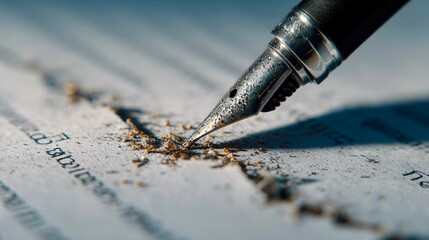Close-up of a fountain pen tearing through paper with ink and debris scattered, symbolizing conflict, mistakes, or destructive writing.