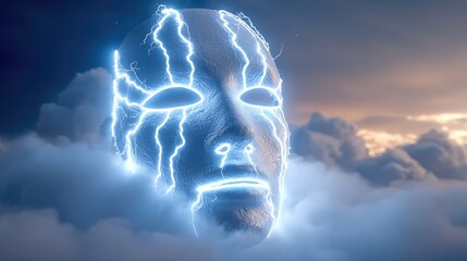 Electrified stone mask floats amidst clouds at sunset