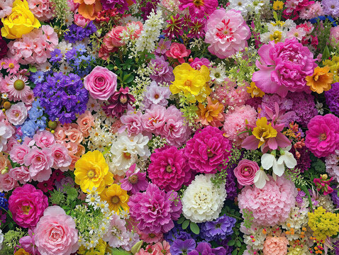 Vibrant, densely packed floral arrangement featuring roses, daisies, and peonies in shades of pink, purple, yellow, and white, creating a lively, colorful display. generative by AI