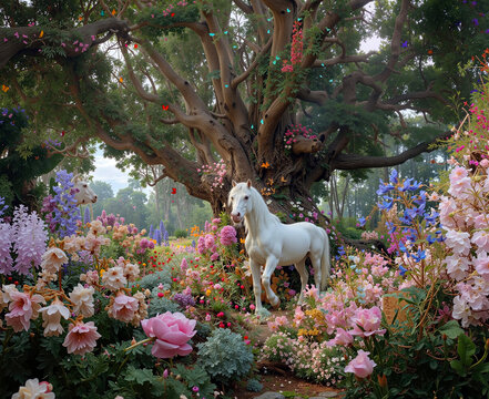 Dreamy enchanted meadow with a white unicorn-like horse standing among blooming flowers and ancient trees, bathed in gentle, ethereal light., Generative by AI