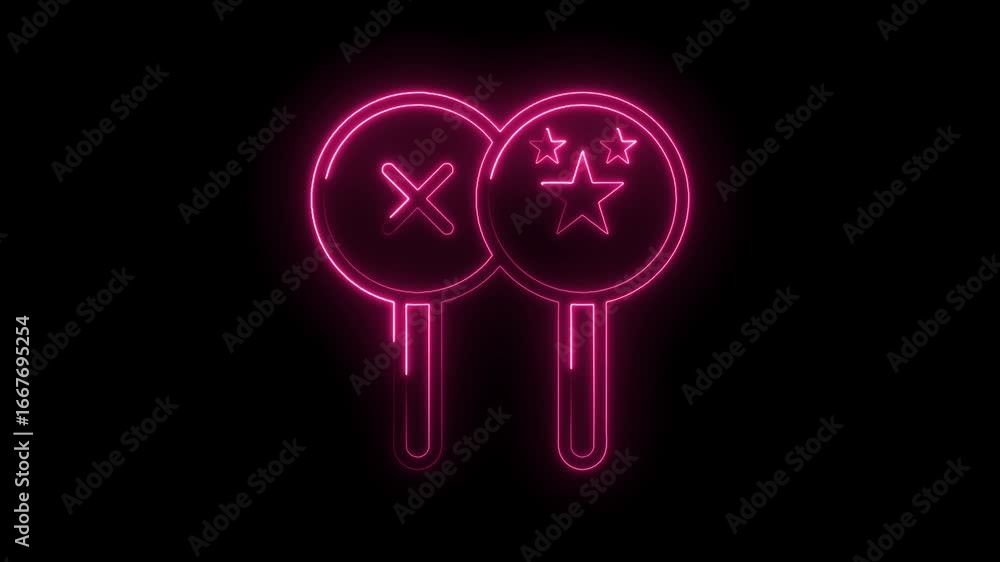 Poster glowing pink neon judge scorecards with checkmark and stars on black background representing