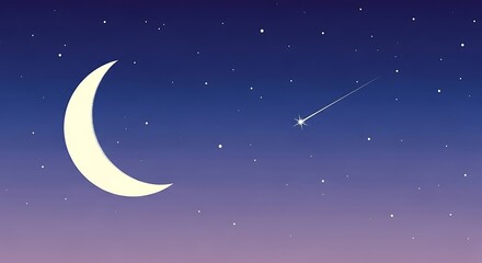 Crescent moon and a shooting star shine brightly in the dark blue and purple gradient night sky.